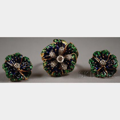 18kt Gold, Enamel, and Diamond Pansy Ring and Earrings
