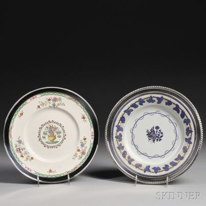 Two Sterling Silver-rimmed Ceramic Serving Plates