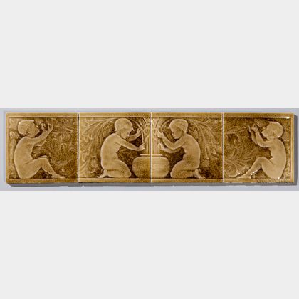 J. & J.G. Low Art Tile Works Four-part Tile of Putti with Grapes 