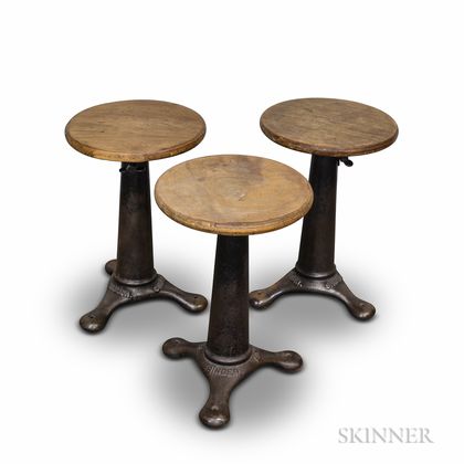 Three Singer Oak and Iron Sewing Stools