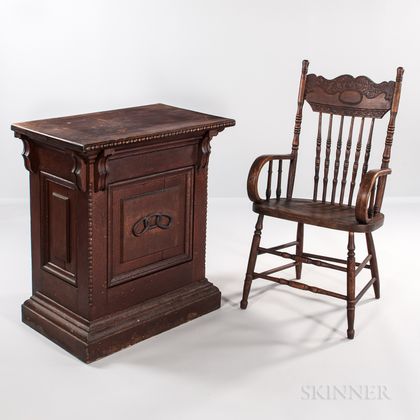 Oak Odd Fellows Desk with Chain Link Decoration and a Pressed-back Armchair