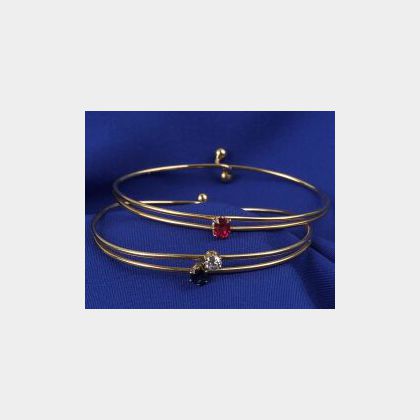 Two 18kt Gold and Gem-set Wire Bangle Bracelets