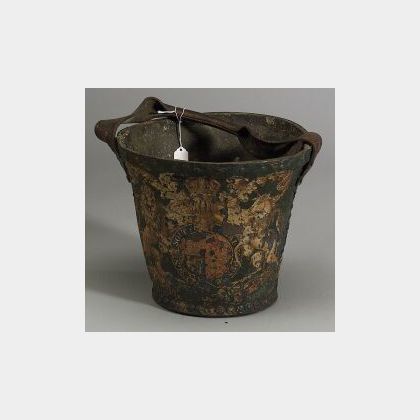 Two English Paint Decorated Wood and Leather Buckets. 