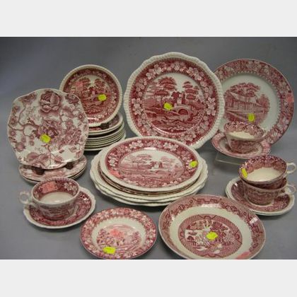 Thirty-one Piece Assembled Red and White Transfer Decorated Staffordshire Partial Dinnerware Service