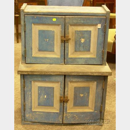 Child's Blue and Gray-painted Wooden Paneled Step-back Cupboard