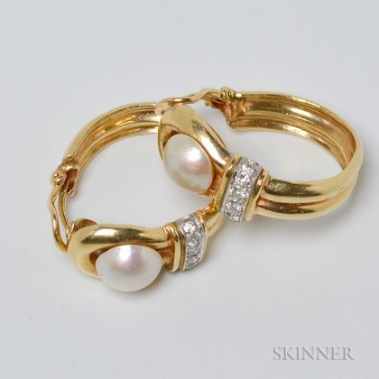 14kt Gold, Mabe Pearl, and Diamond Hoop Earclips
