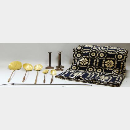 Six Brass and Wrought Iron Cooking Utensils, Three Iron Hogscraper Candlesticks, and a Blue and White Wool and Cotton Woven Coverlet, c