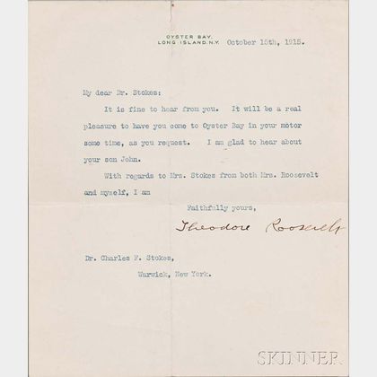 Roosevelt, Theodore (1858-1919) Typed Letter Signed 15 October 1915.