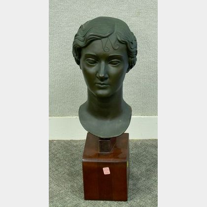 Patinated Metal Bust of a Woman on a Wooden Base