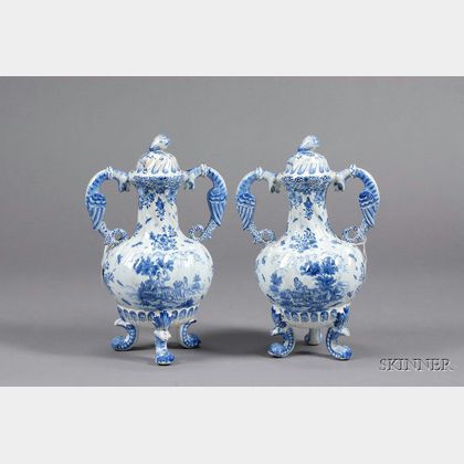 Pair of Dutch Delft Vases and Covers