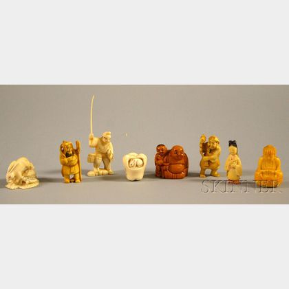 Three Japanese Carved Ivory Netsuke, Two Small Figures, and Three Carved Resin Figures. 