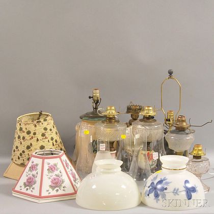 Seven Glass and Decorative Stoneware Table Lamps
