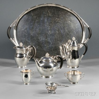 Five-piece Georg Jensen Sterling Silver Tea and Coffee Service with Associated Sterling Silver Tray and Tea Strainer with Stand