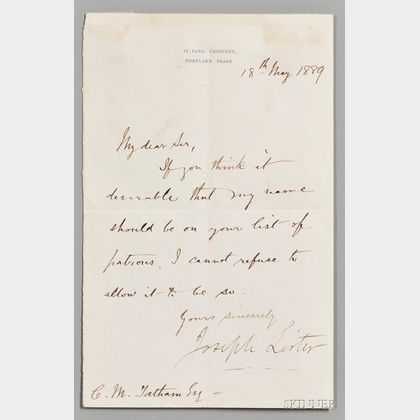Lister, Joseph, 1st Baron Lister (1827-1912) Letter Signed, 18 May 1889.