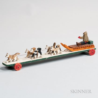 Carved and Painted Sled and Dog Team Pull Toy