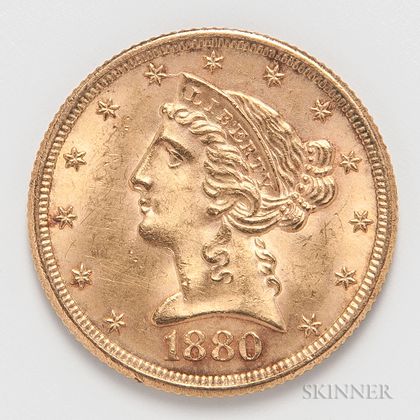 1880 $5 Liberty Head Gold Coin. Estimate $200-300