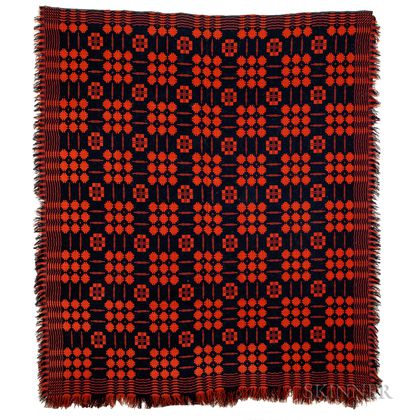 Red and Blue Woven Jacquard Coverlet