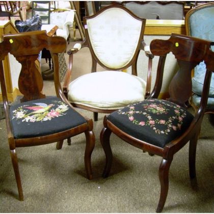 Regency-style Needlepoint Upholstered Carved Mahogany Armchair and a Pair of Empire Mahogany Veneer Side Chairs... 