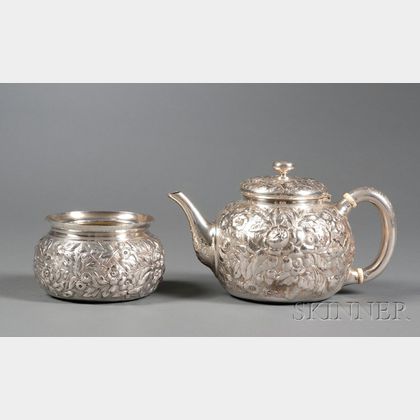 Whiting Manufacturing Co. Sterling Repousse Teapot and Open Sugar Bowl