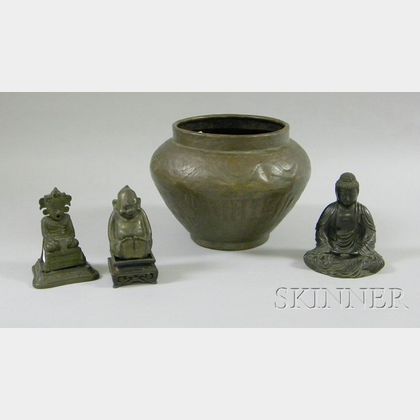 Three Bronze Seated Figures and a Planter