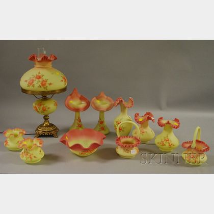 Eleven Pieces of Fenton Hand-painted Rose Decorated Burmese-style Art Glass