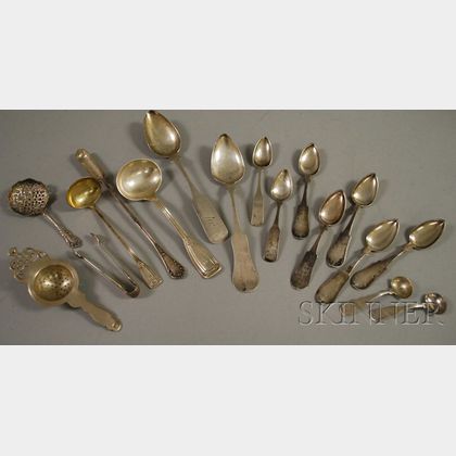 Four Pieces of Sterling Silver Serving Flatware and Eleven Pieces of Coin Silver Flatware