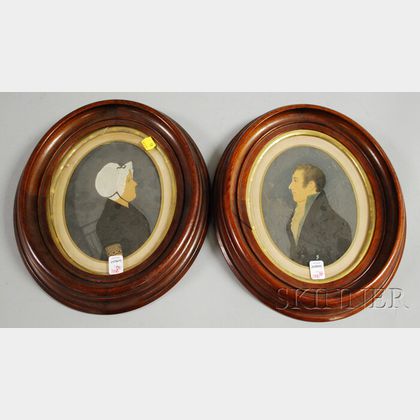 Pair of Oval Walnut-framed Late 19th Century American School Watercolor and Gouache Portraits of a Gentleman and a Woman
