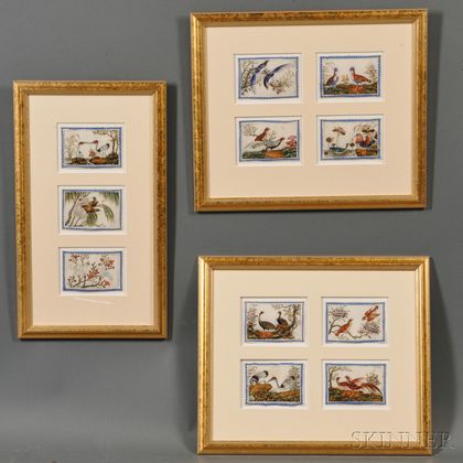Eleven Ornithological Gouache Paintings in Three Frames