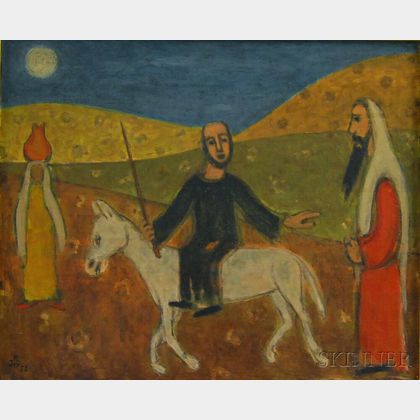 Israeli School, 20th Century Biblical Scene with a Man on Horseback with Two Figures in a Desert Landscape.