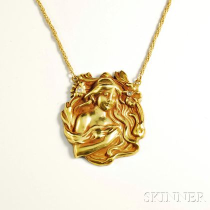 Art Nouveau 14kt Gold and Diamond Pendant and Chain