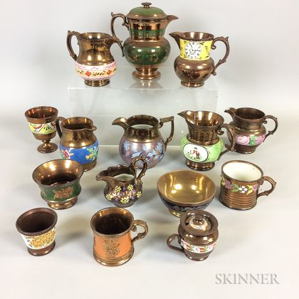 Fifteen Copper Lustre Ceramic Vessels