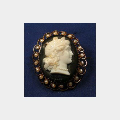 Antique 18kt Gold, Onyx Chalcedony and Seed Pearl Cameo Brooch