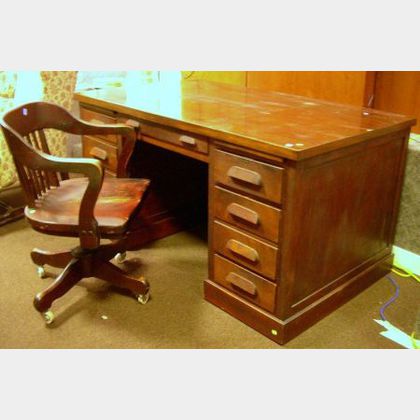 Mahogany Veneer Double-Pedestal Flat-top Desk with Swivel Desk Chair. 