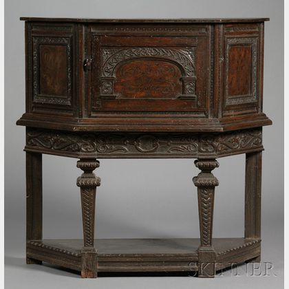 Jacobean-style Carved and Inlaid Oak Press Cupboard