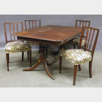 Federal-style Mahogany Double-pedestal Dining Table and a Set of Four Upholstered Carved Mahogany Dining Chairs