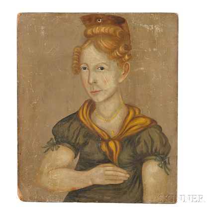 American School, 19th Century Portrait of a Blonde-haired Woman in a Green Dress.