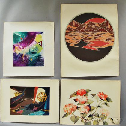 Four Unframed Lithographs, an Oil on Board, and a Woodcut