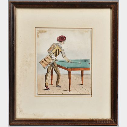 Anglo American School, 19th Century Hand-colored Lithograph of Fanciful Figure Created of Game Pieces. Unsigned, attribu... 
