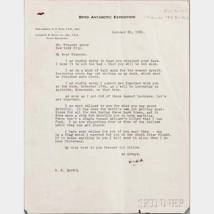 Byrd, Richard E. (1888-1957) Typed Letter Signed, 30 October 1930.