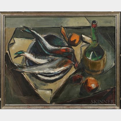 American School, 20th Century Still Life with Wine Bottle and Fish