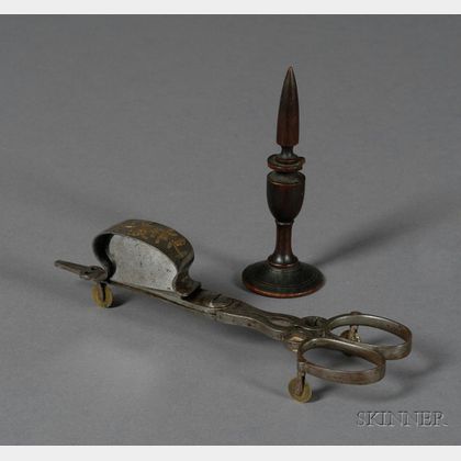 Mahogany Wick Pick and a Brass Inlaid Steel Candle Snuffer