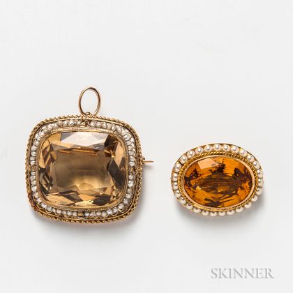 Two Gold and Citrine Brooches