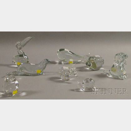 Eight Scandinavian Colorless Art Glass Figures