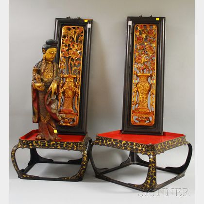 Chinese Parcel-gilt and Painted Carved Wood Guan Yin Figure, a Pair of Decorative Panels, and a Pair of Japanese Gilt-decorated B... 