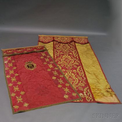 Two Ruby and Gold Silk and Velvet Brocade Armorial Panels