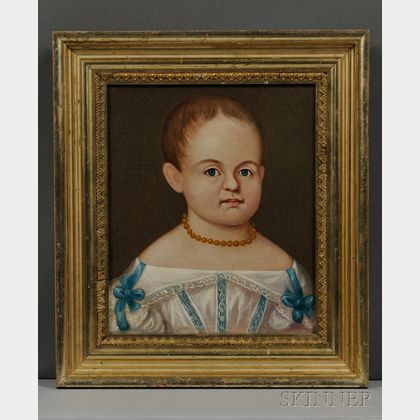 American School, 19th Century Portrait of a Child in a Blue-ribboned White Dress