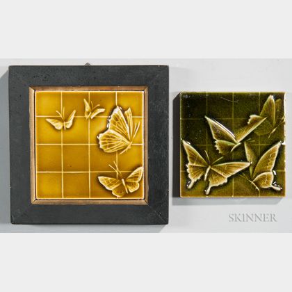 Two Framed U.S. Encaustic Tile Co. Art Pottery Butterfly Tiles 