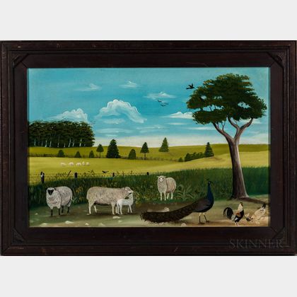Seymour Lindsey (Ohio, 1848-1927) Farm Scene with Sheep and Peacock
