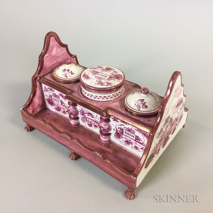 English Pink Lustre Ceramic Inkstand