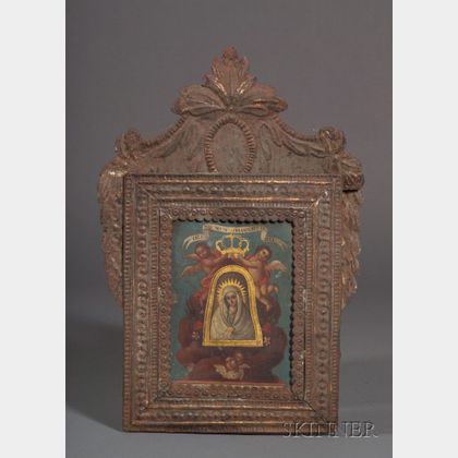 Colonial Pressed Tin Framed Hand-painted Retablo of The Madonna